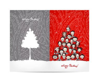 Christmas tree made from group of people, postcard design clipart