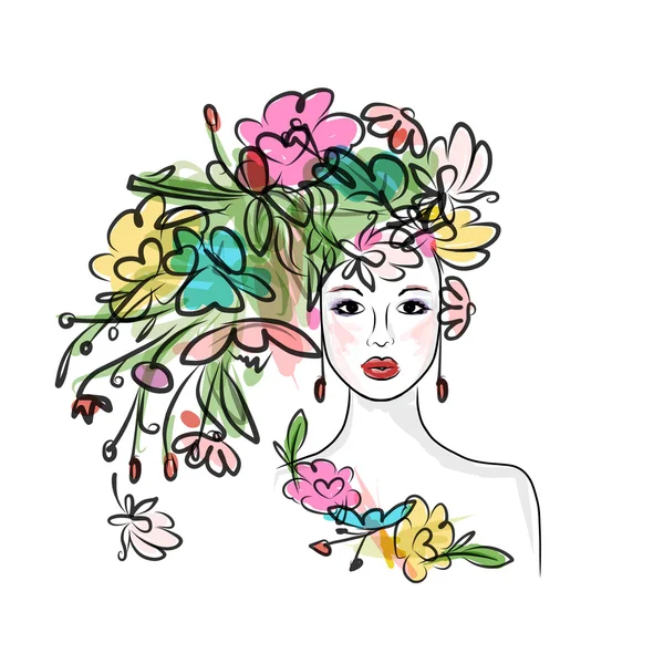 Female face with floral hairstyle for your design — Stock Vector