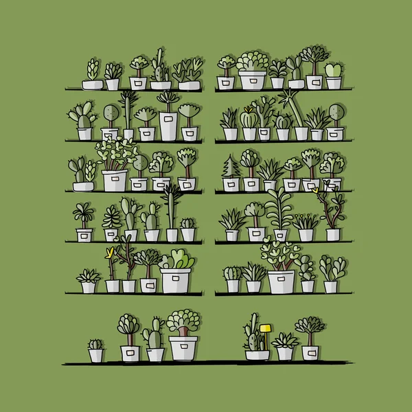 Полиці з рослинами в горщиках, ескіз для вашого дизайну — стоковий вектор