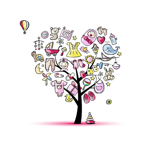 Árbol de forma de corazón con juguetes para niña — Vector de stock