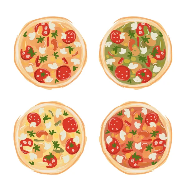 Pizza con tomate y champiñones, boceto para tu diseño — Vector de stock