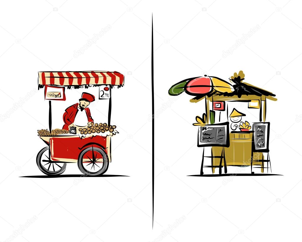 Street sellers, sketch for your design. Illustration about Turkey and Thailand.