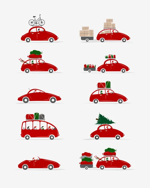 Set of different red cars with luggage for your design — Stock Vector