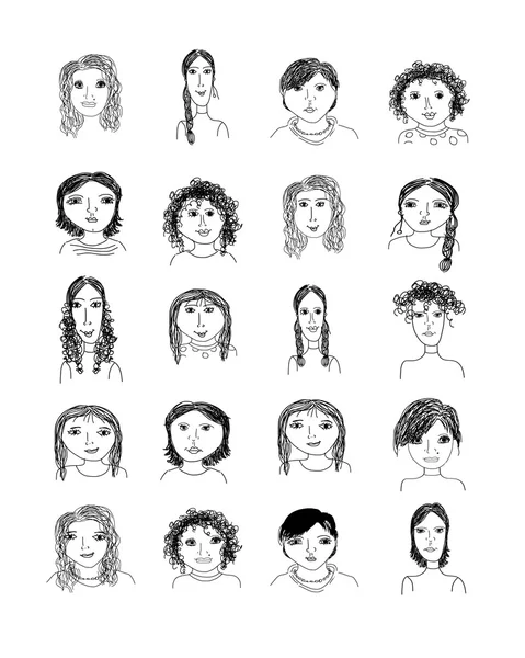 Uppsättning av kvinnliga porträtt, karikatyr för din design — Stock vektor