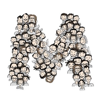 Harf M, insanlar kalabalık, vektör alfabe tasarımı
