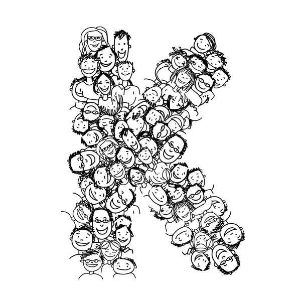 Lettre K, foule de personnes, dessin de l'alphabet vectoriel — Image vectorielle