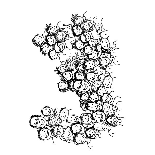 Numero tre, folla di persone, disegno dell'alfabeto vettoriale — Vettoriale Stock