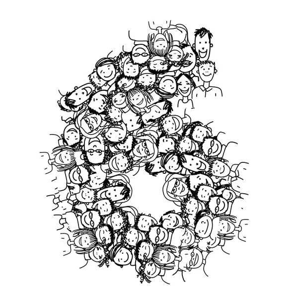Número seis, multitud de personas, diseño del alfabeto vectorial — Archivo Imágenes Vectoriales