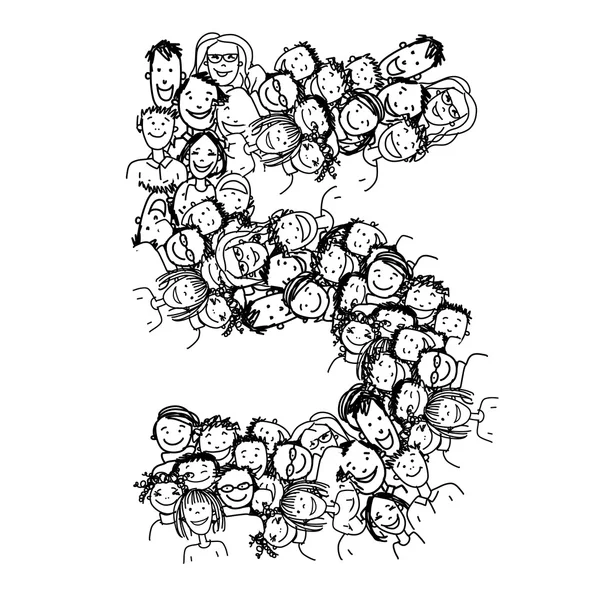 Nummer vijf, mensen menigte, vector alfabet ontwerp — Stockvector
