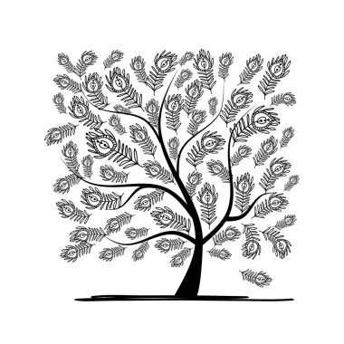 Tasarımınız için tavus kuşu tüylü sanat ağacı