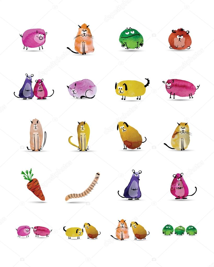 Funny animals set. Watercolor sketch for your design