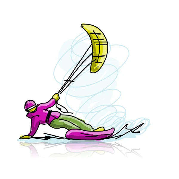 Kite surfer en snowboard, boceto para tu diseño — Vector de stock