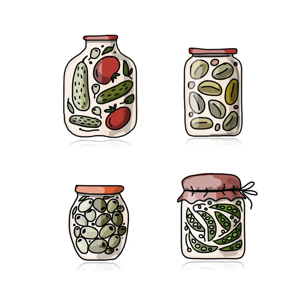 Banco de verduras en escabeche, boceto para su diseño — Archivo Imágenes Vectoriales