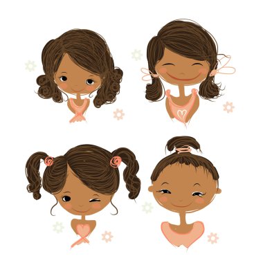 Sevimli gülümseyen kız ile simgelerin ayarlamak, tasarımlarınız için kroki