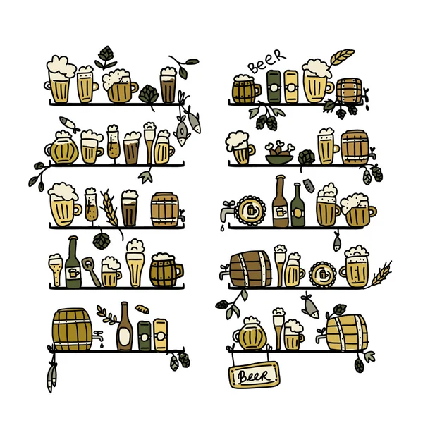 Schappen met bier pictogrammen, schets voor uw ontwerp — Stockvector