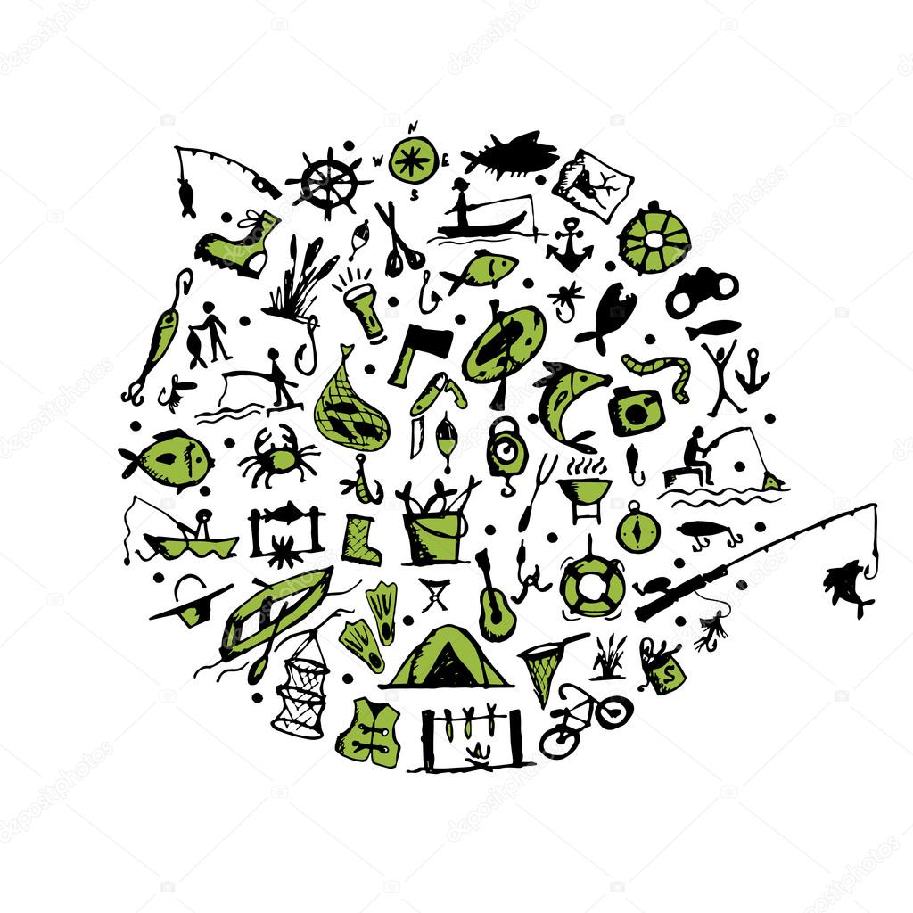 Pesca set schizzo per il vostro disegno — Vettoriale Stock