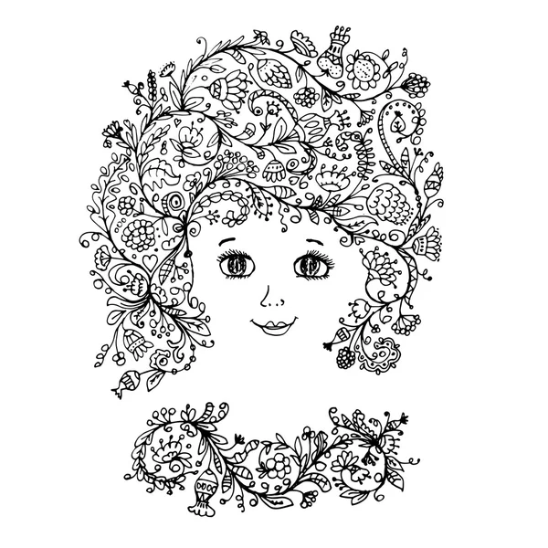 Female face with floral hairstyle for your design — Stock Vector