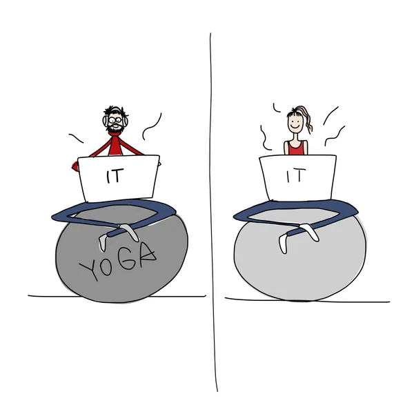 Yoga en el trabajo, personas con portátil para tu diseño — Archivo Imágenes Vectoriales