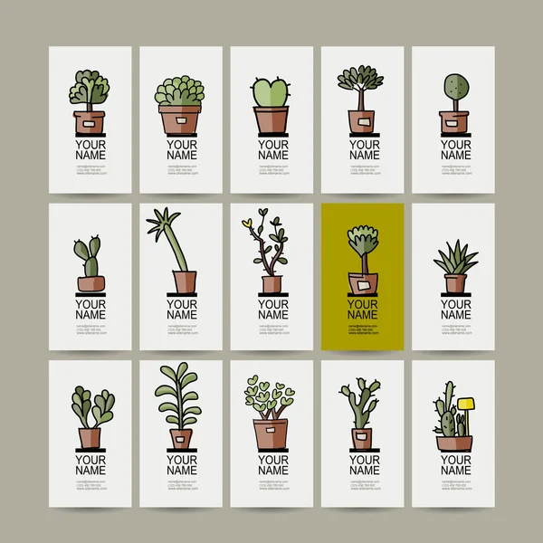 Business cards with cactus in pots, sketch for your design — Stock Vector