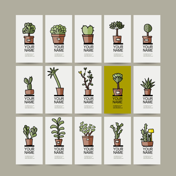 Business cards with cactus in pots, sketch for your design