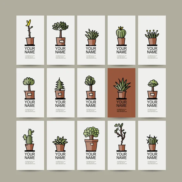 Tarjetas de visita con cactus en macetas, boceto para tu diseño — Archivo Imágenes Vectoriales