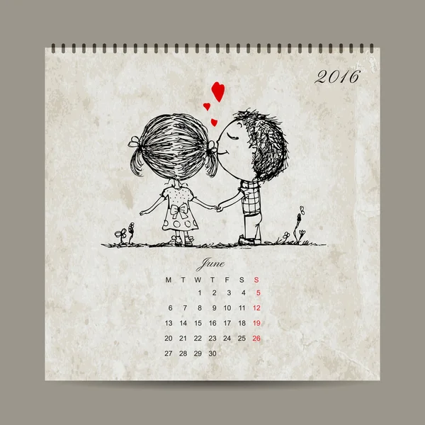 Calendario cuadrícula 2016 diseño, junio. Pareja enamorada juntos — Vector de stock