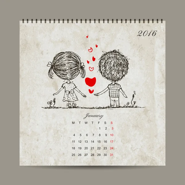 Calendrier grille 2016 design, janvier. Couple amoureux ensemble — Image vectorielle