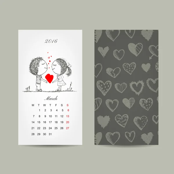 Calendar grid 2016 design. Couple in love together — Stock Vector