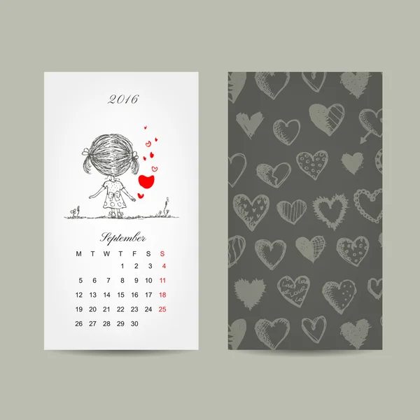 日历网格 2016年设计。夫妻在一起的爱 — 图库矢量图片