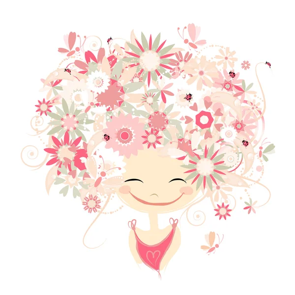 Kvinnligt porträtt med blommig frisyr för din design — Stock vektor