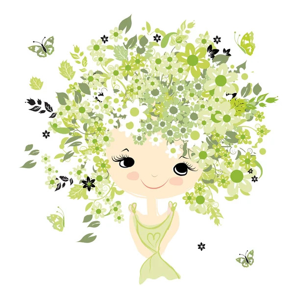 Female portrait with floral hairstyle for your design — Stock Vector