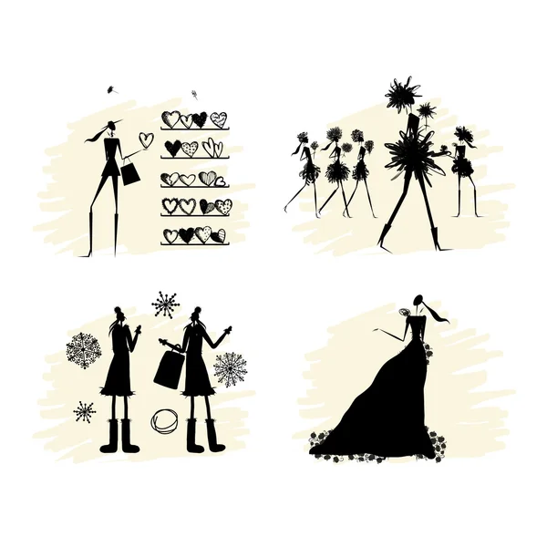 Fashion girls black silhouettes collection — Stock Vector