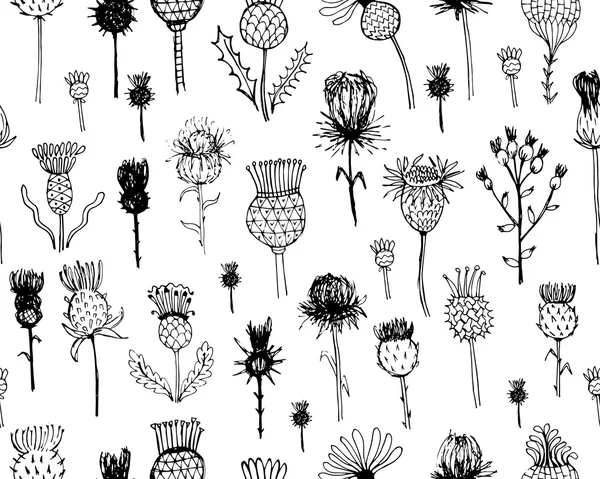 Småborre växter seamless mönster, skiss för din design — Stock vektor