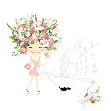 Floral girl with dog on street, sketch for your design