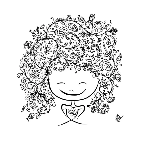 Cara femenina con peinado floral para tu diseño — Vector de stock