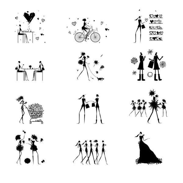 Fashion girls black silhouettes collection — Stock Vector