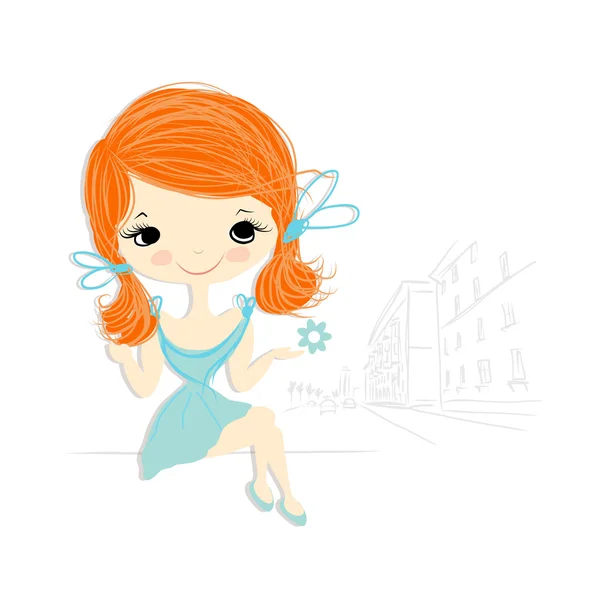 Linda chica en la calle, boceto para su diseño — Vector de stock