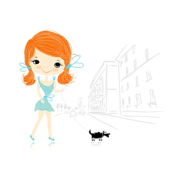 Menina com cão na rua, esboço para o seu projeto — Vetor de Stock