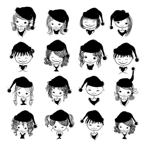 Портрет девушки в шляпе Санты, черный силуэт для вашего дизайна
