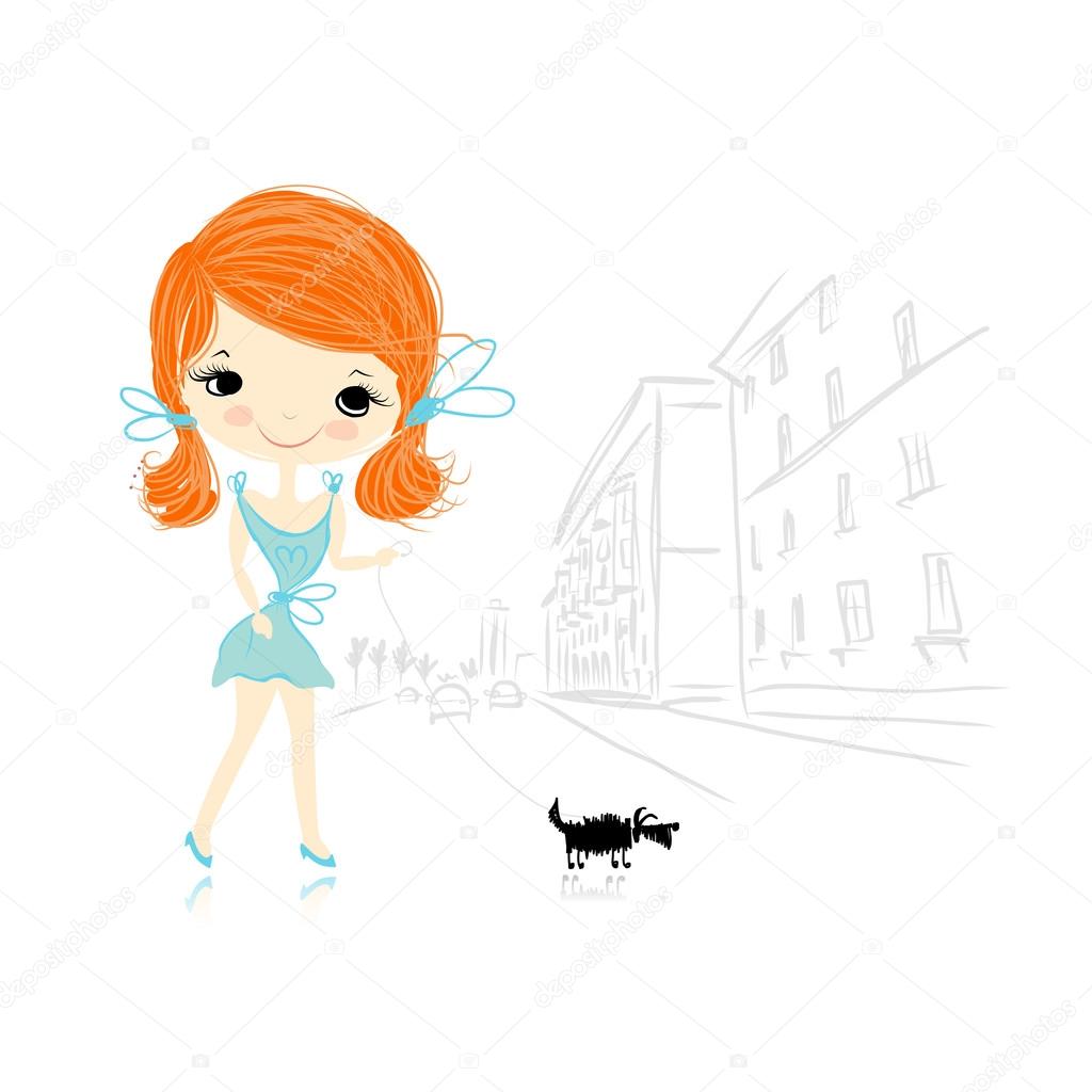 Girl With Dog On Street Sketch For Your Design Stock