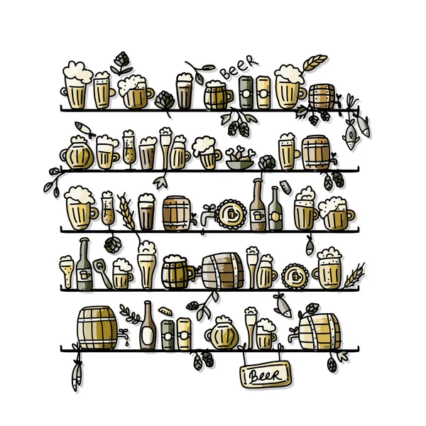 Etagères avec bière, croquis pour votre design — Image vectorielle