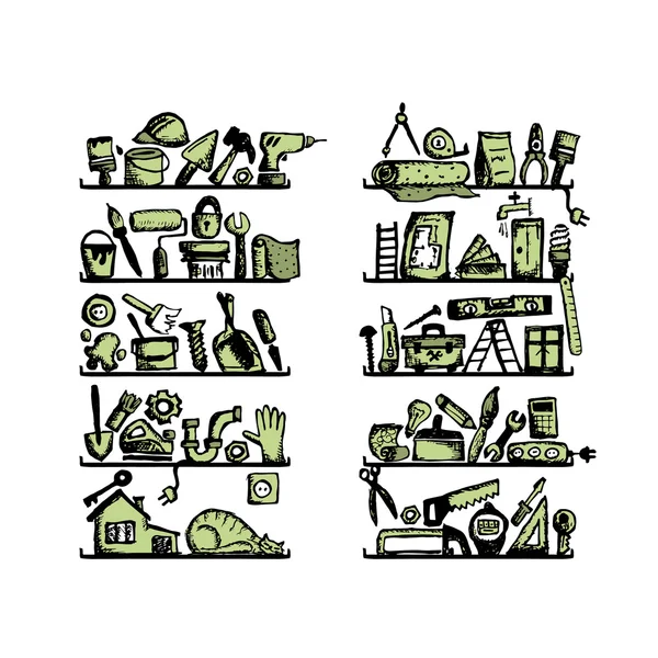 Repair home icons on shelves, sketch for your design — Stock Vector