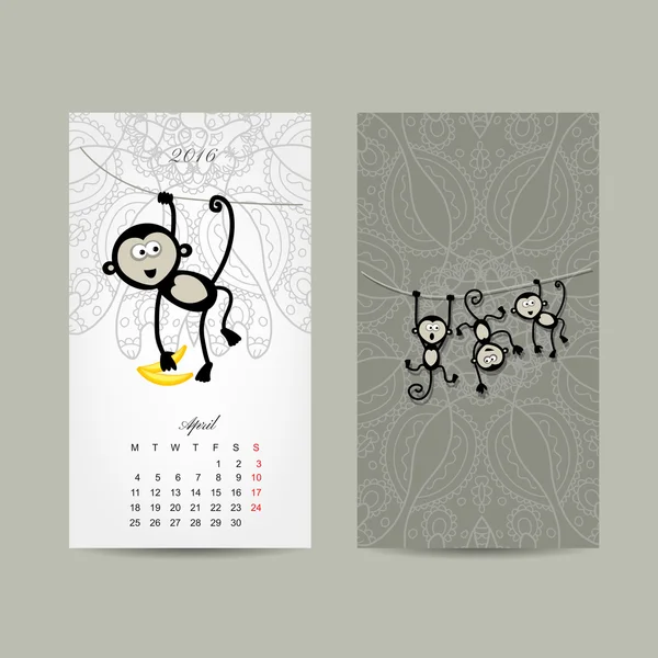 Conception de grille calendrier. Singe, symbole de l'année 2016 — Image vectorielle