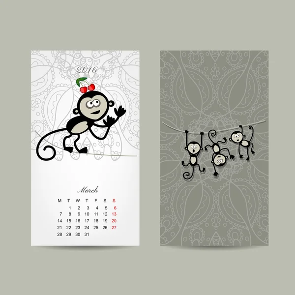 Projeto de grade de calendário. Macaco, símbolo do ano 2016 — Vetor de Stock