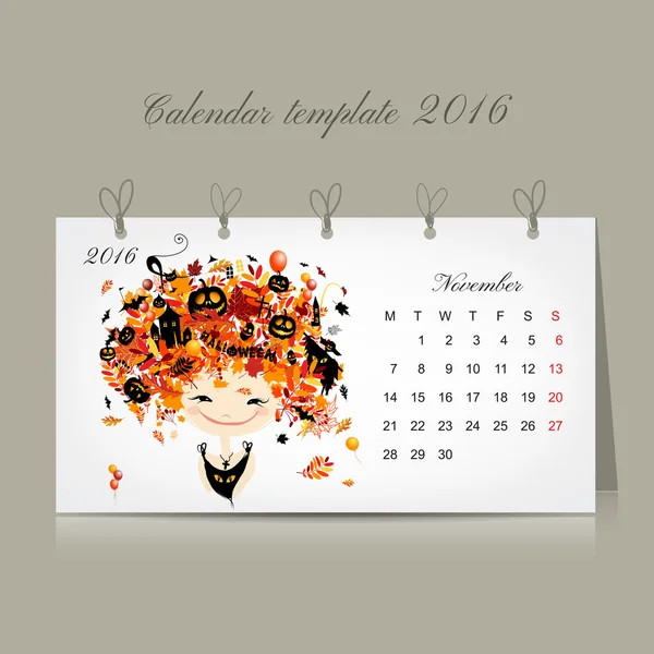 Calendrier 2016, mois de novembre. Saison filles design — Image vectorielle