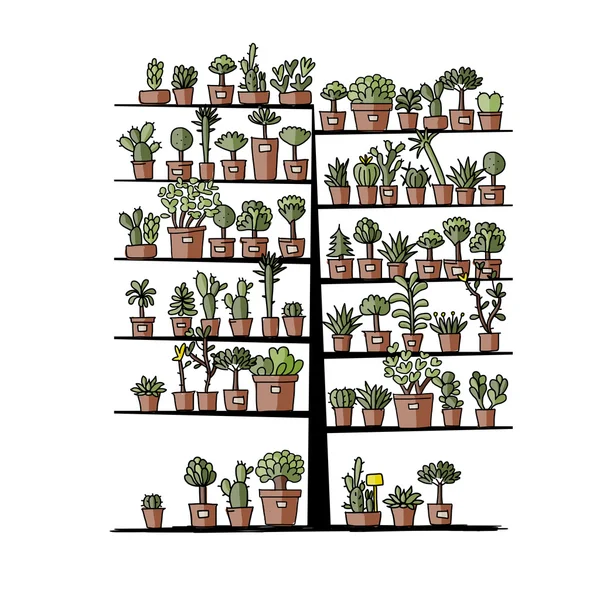 Арт-дерево с растениями в горшках, эскиз для вашего дизайна — стоковый вектор