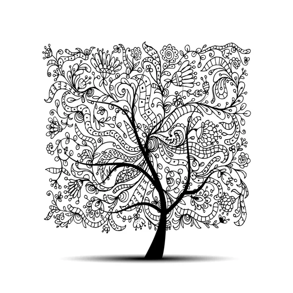 Árbol floral, silueta negra para tu diseño — Vector de stock