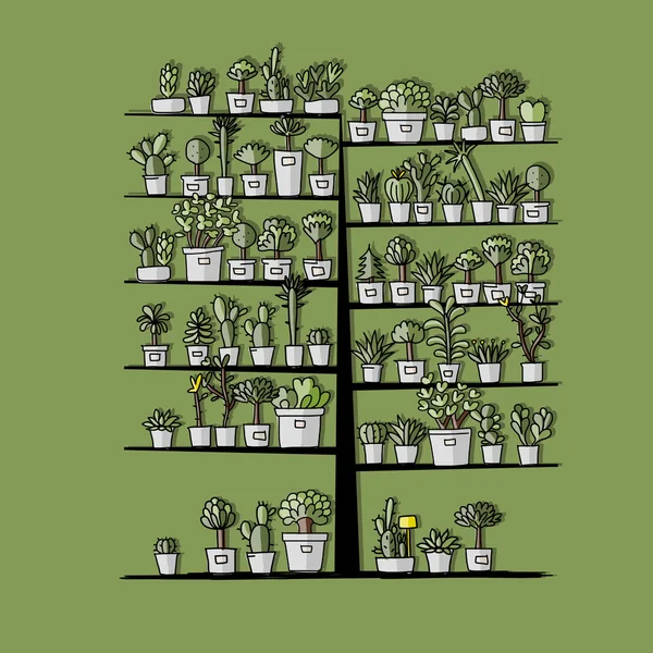 Арт-дерево з рослинами в горщиках, ескіз для вашого дизайну — стоковий вектор