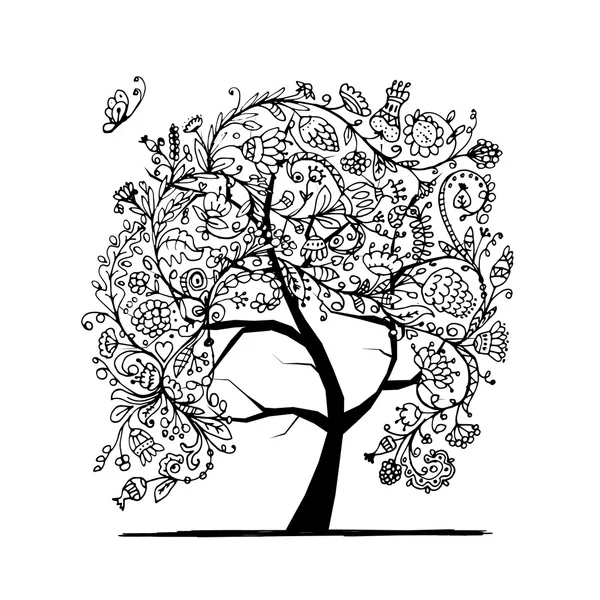 Árbol floral, silueta negra para tu diseño — Vector de stock