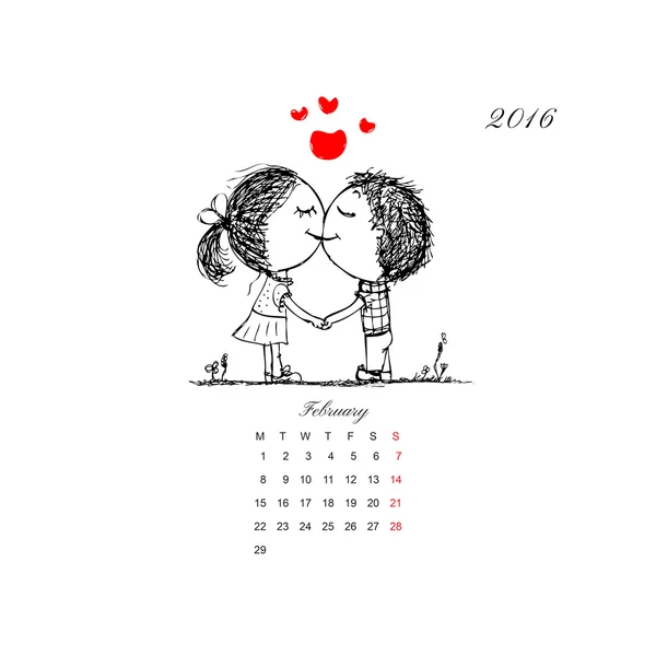 Calendar grid 2016 design. Couple in love together — Stock Vector